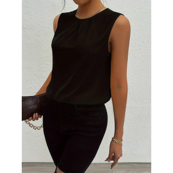 Kadın Sıfır Kol Yuvarlak Büzgü Yaka Sandy Bluz