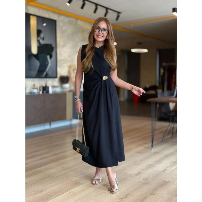 Kadın Sıfır Kollu Bisiklet Yaka Belden Büzgülü Yırtmaç Detaylı Janjan Krep Elbise