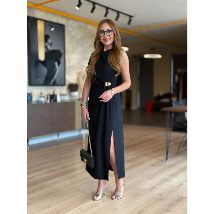 Kadın Sıfır Kollu Bisiklet Yaka Belden Büzgülü Yırtmaç Detaylı Janjan Krep Elbise