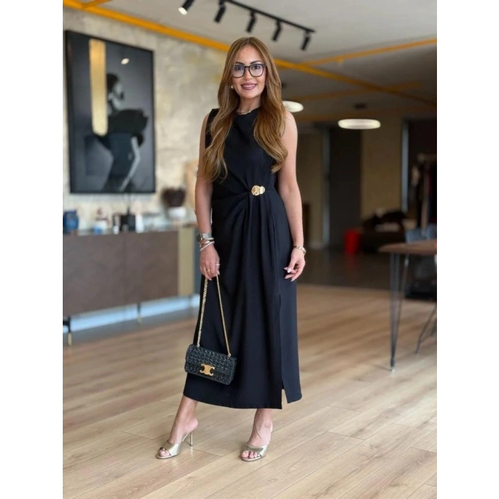 Kadın Sıfır Kollu Bisiklet Yaka Belden Büzgülü Yırtmaç Detaylı Janjan Krep Elbise