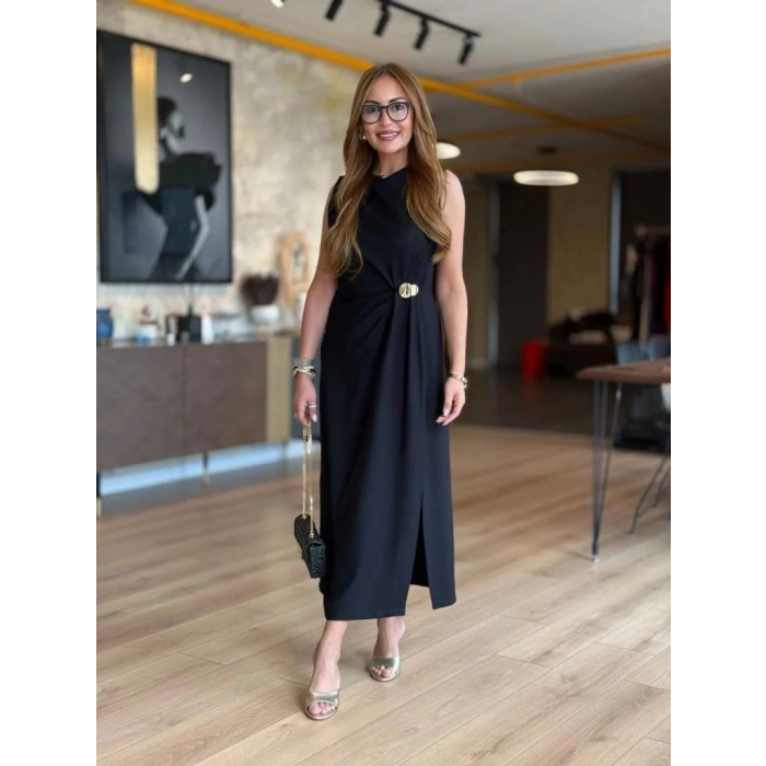 Kadın Sıfır Kollu Bisiklet Yaka Belden Büzgülü Yırtmaç Detaylı Janjan Krep Elbise