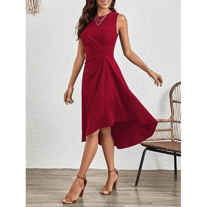 Kadın Sıfır Kollu Bisiklet Yaka Büzgülü Asimetrik Kesim Detaylı Janjan Krep Elbise