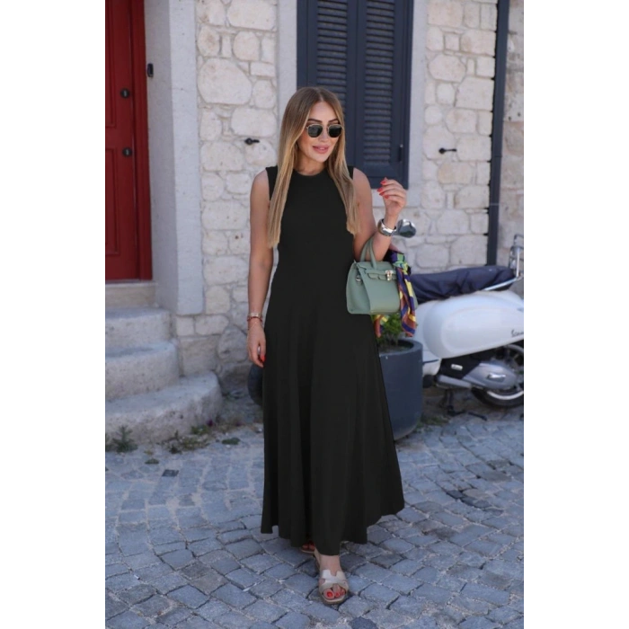 Kadın Sıfır Kollu Bisiklet Yaka Viskon Elbise