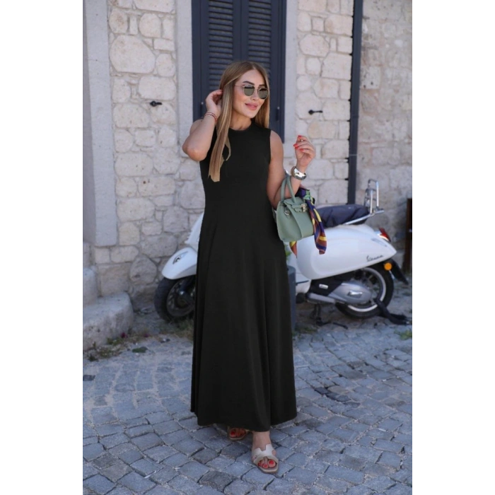 Kadın Sıfır Kollu Bisiklet Yaka Viskon Elbise