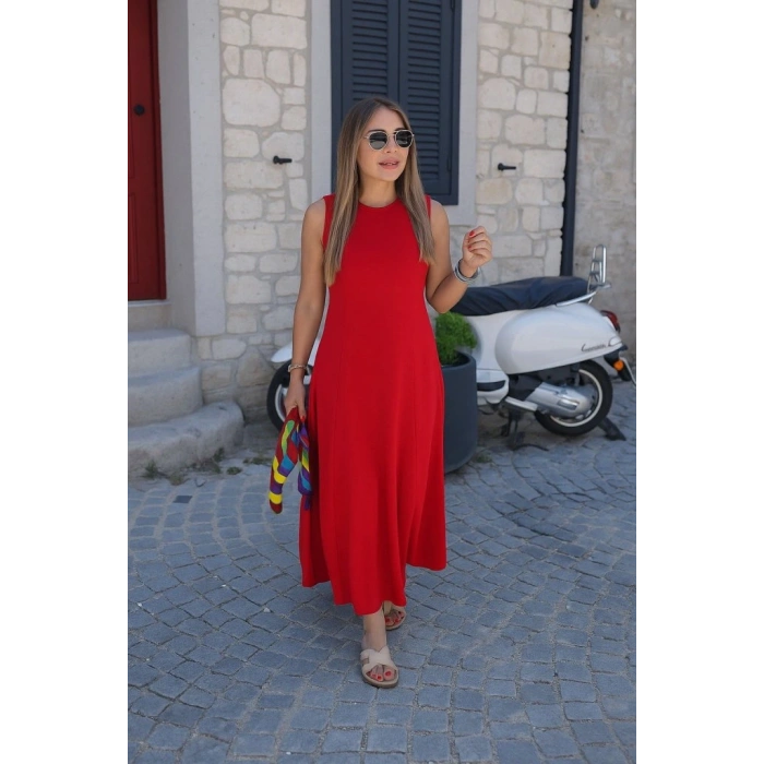 Kadın Sıfır Kollu Bisiklet Yaka Viskon Elbise