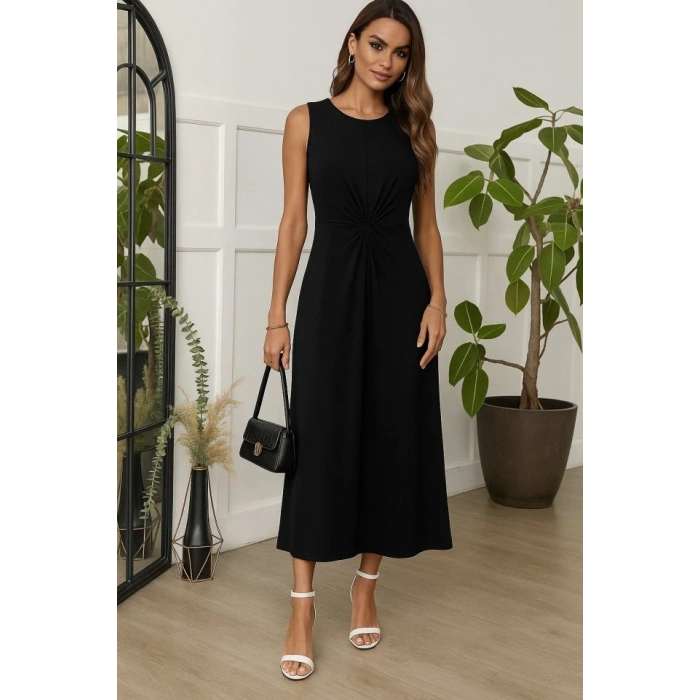 Kadın Sıfır Kollu Bisiklet Yaka Yandan Büzgü Detaylı Viskon Elbise