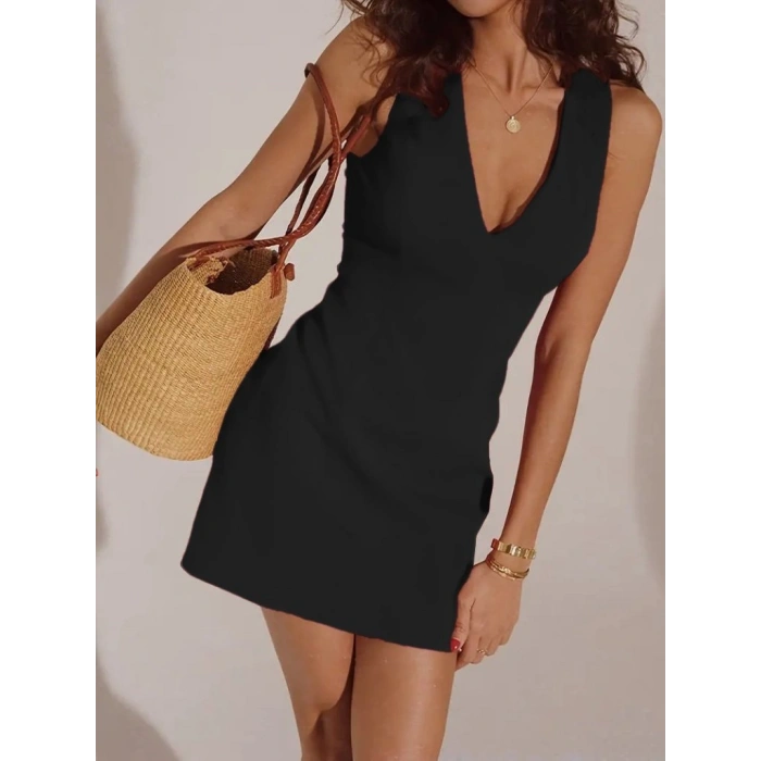 Kadın Sıfır Kollu Derin V Yakalı Janjan Krep Elbise