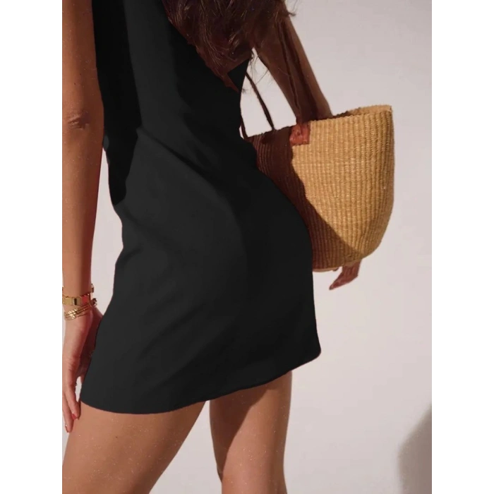 Kadın Sıfır Kollu Derin V Yakalı Janjan Krep Elbise