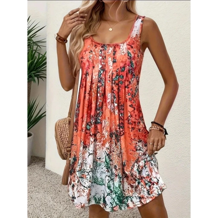 Kadın Sıfır Kollu Kare Yaka önden Pileli Salaş Süprem Elbise