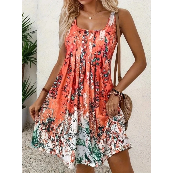 Kadın Sıfır Kollu Kare Yaka önden Pileli Salaş Süprem Elbise