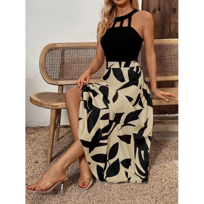 Kadın Sıfır Kollu Yakadan şeritli Omuzlardan Açık Janjan Krep Desenli Al Dalgıç Maxi Elbise