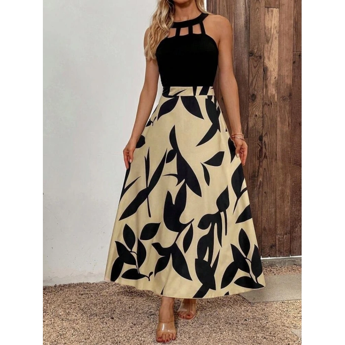 Kadın Sıfır Kollu Yakadan şeritli Omuzlardan Açık Janjan Krep Desenli Al Dalgıç Maxi Elbise