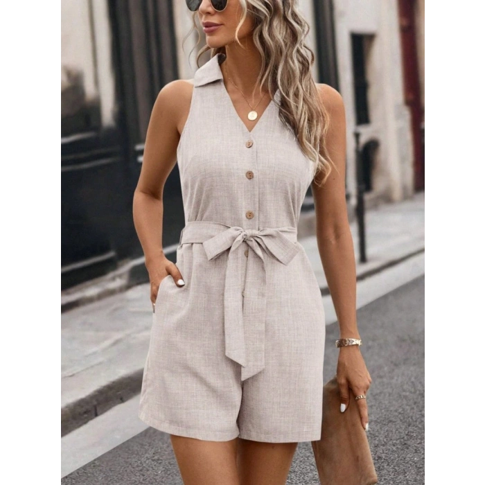 Kadın Sıfır Kollu Yakalı Düğmeli Belden Kuşaklı Kısa Keten Tulum