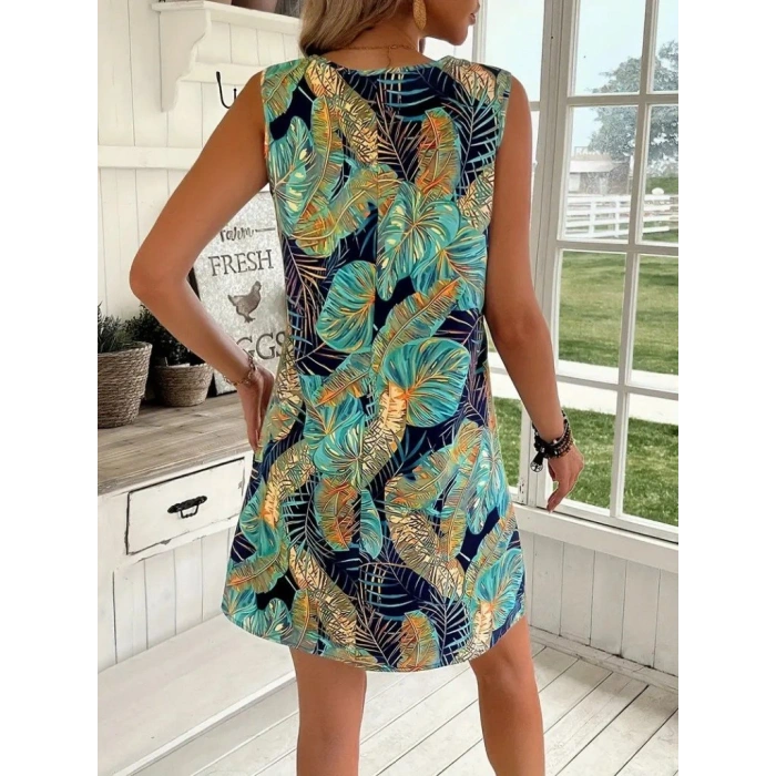 Kadın Sıfır Kollu Yuvarlak Yaka Desenli Süprem Elbise