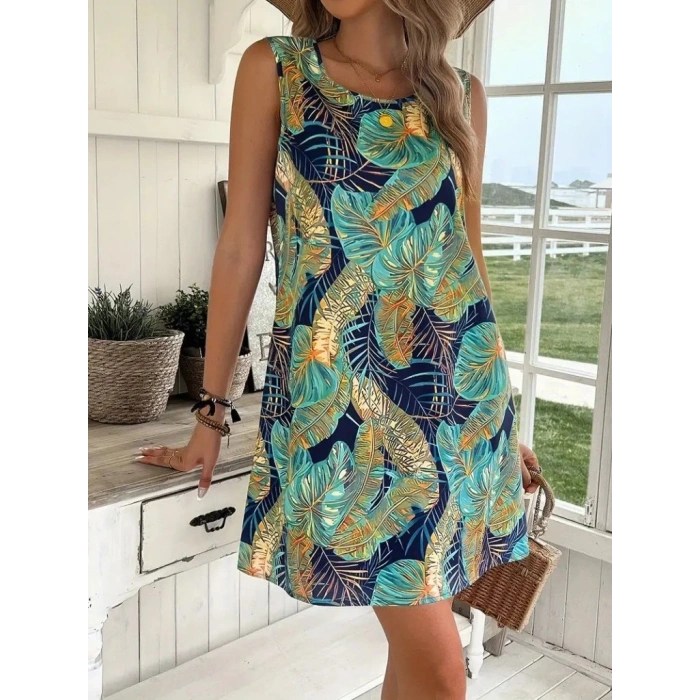 Kadın Sıfır Kollu Yuvarlak Yaka Desenli Süprem Elbise