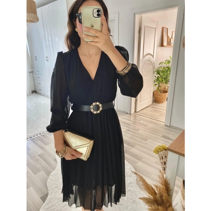 Kadın şifon Kumaş Astalı Kloş Kesim Kruvaze Yaka idi Boy Elbise