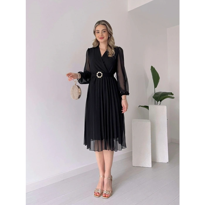 Kadın şifon Kumaş Astalı Kloş Kesim Kruvaze Yaka idi Boy Elbise