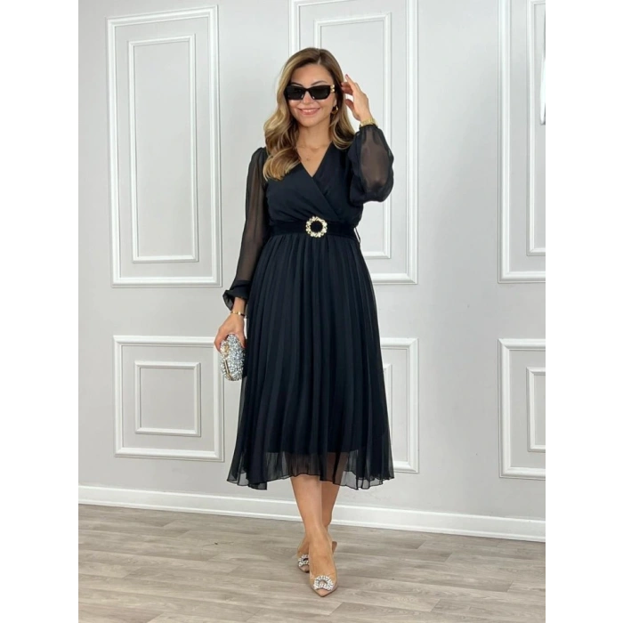 Kadın şifon Kumaş Astalı Kloş Kesim Kruvaze Yaka idi Boy Elbise