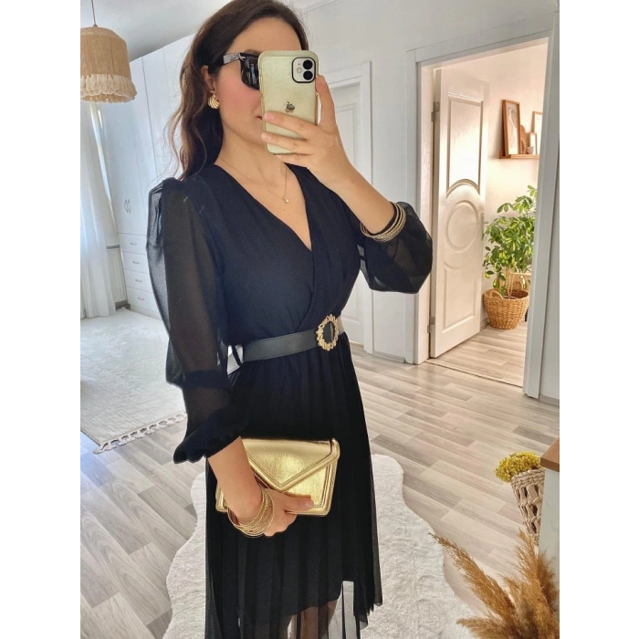 Kadın şifon Kumaş Astalı Kloş Kesim Kruvaze Yaka idi Boy Elbise