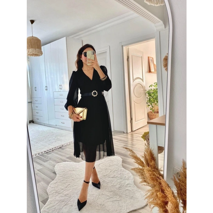 Kadın şifon Kumaş Astalı Kloş Kesim Kruvaze Yaka idi Boy Elbise