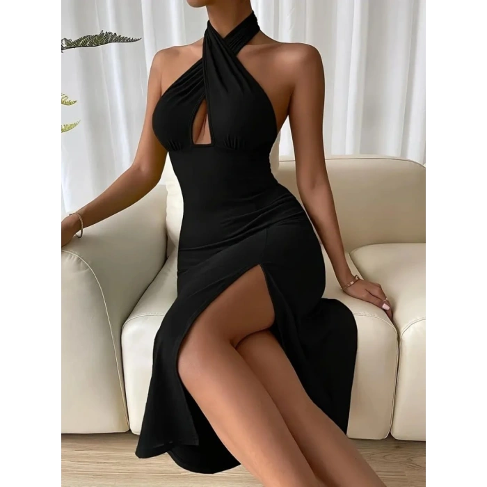 Kadın Sırt Dekolteli Boyun çapraz Yakalı Yırtmaç Detay Midi Sandy Elbise