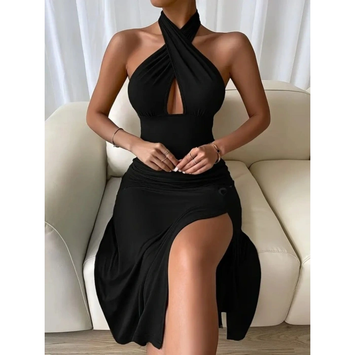 Kadın Sırt Dekolteli Boyun çapraz Yakalı Yırtmaç Detay Midi Sandy Elbise