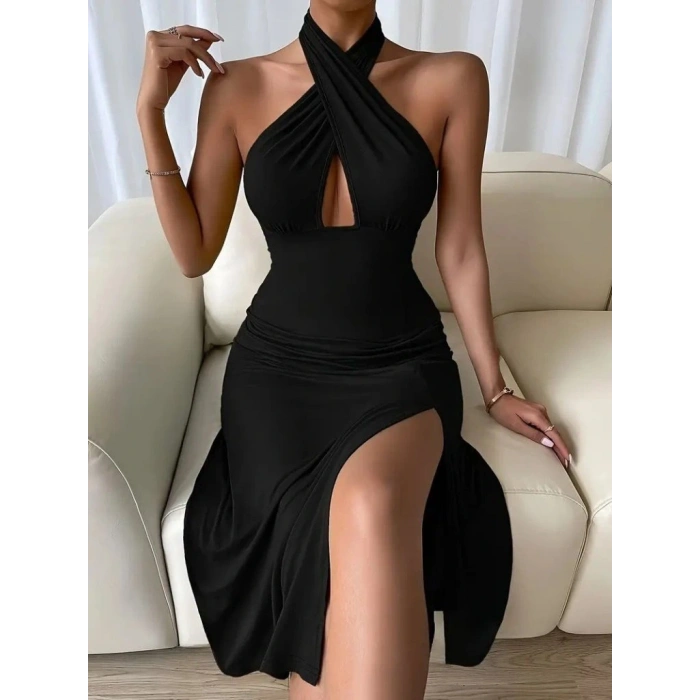 Kadın Sırt Dekolteli Boyun çapraz Yakalı Yırtmaç Detay Midi Sandy Elbise