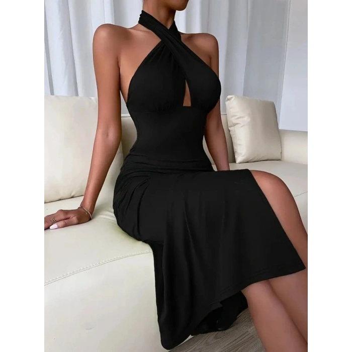 Kadın Sırt Dekolteli Boyun çapraz Yakalı Yırtmaç Detay Midi Sandy Elbise