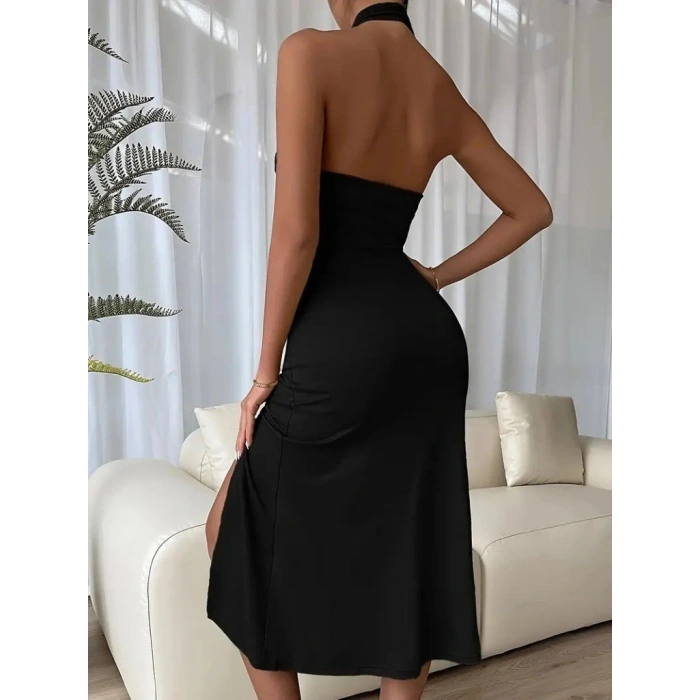 Kadın Sırt Dekolteli Boyun çapraz Yakalı Yırtmaç Detay Midi Sandy Elbise