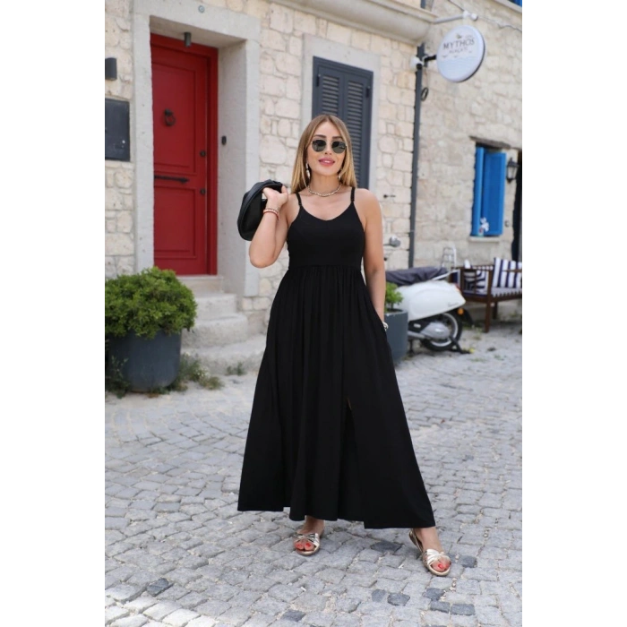 Kadın Sırttan çapraz Bağcıklı Yırtmaçlı Cepli Viskon Elbise