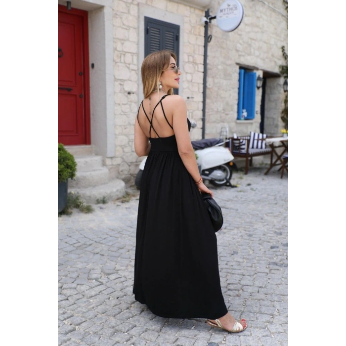 Kadın Sırttan çapraz Bağcıklı Yırtmaçlı Cepli Viskon Elbise