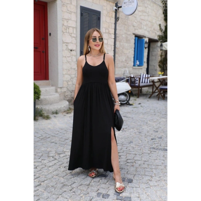 Kadın Sırttan çapraz Bağcıklı Yırtmaçlı Cepli Viskon Elbise