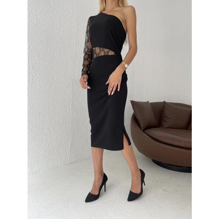 Kadın Siyah Tek Kol Dantel Detay Krep Elbise