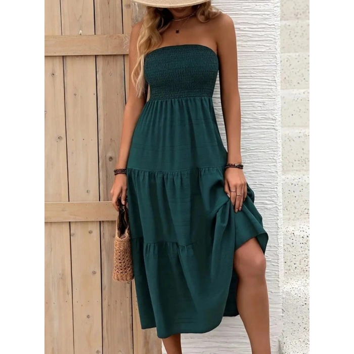 Kadın Straplez Göğüsten Lastikli Kloş Aerobin Uzun Elbise