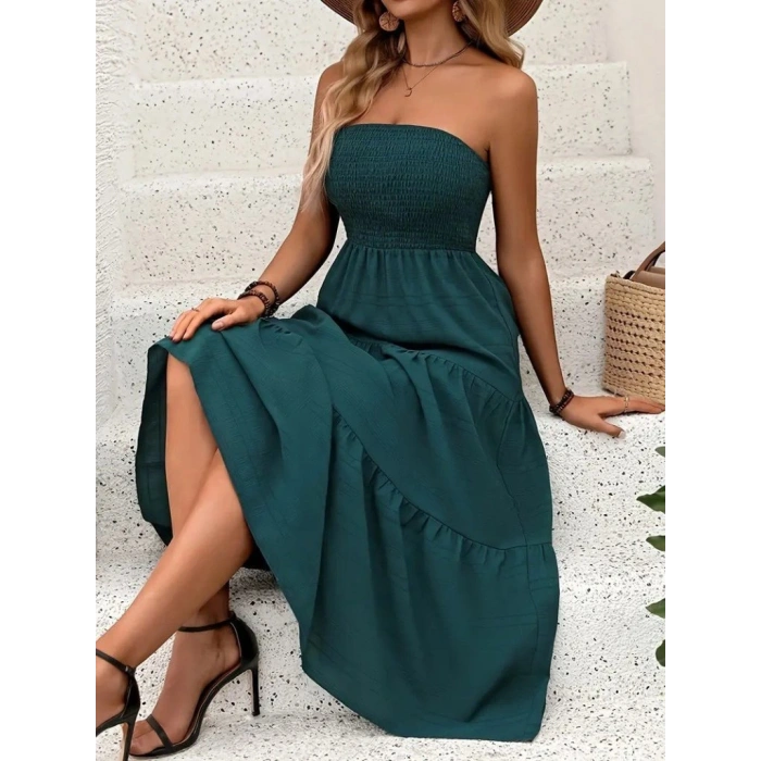 Kadın Straplez Göğüsten Lastikli Kloş Aerobin Uzun Elbise