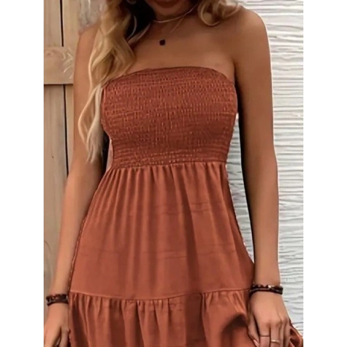 Kadın Straplez Göğüsten Lastikli Kloş Aerobin Uzun Elbise