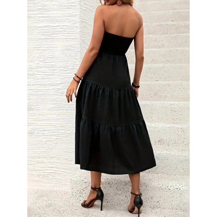 Kadın Straplez Göğüsten Lastikli Kloş Aerobin Uzun Elbise