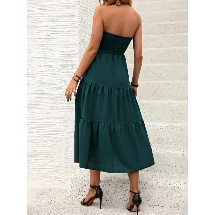 Kadın Straplez Göğüsten Lastikli Kloş Aerobin Uzun Elbise