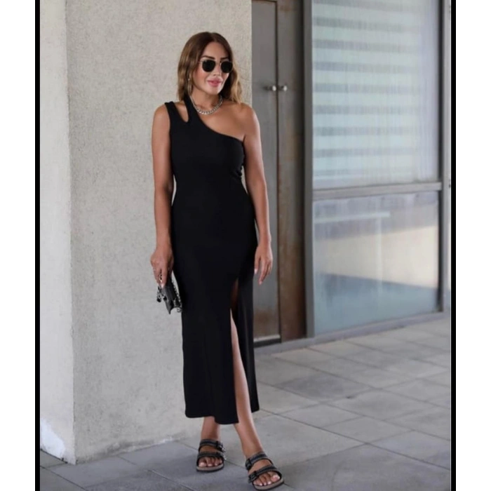 Kadın Tek Omuz Damla Detay Ottoman Kumaş Elbise