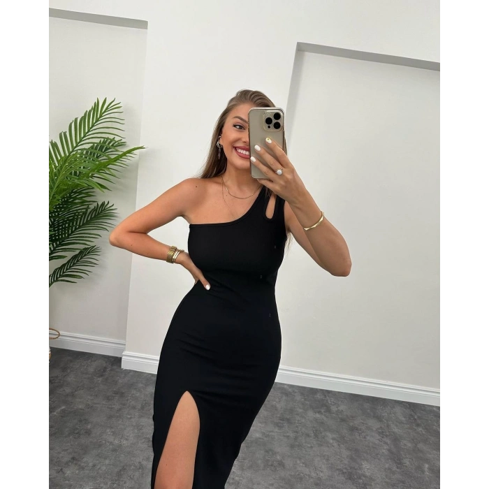 Kadın Tek Omuz Damla Detay Ottoman Kumaş Elbise