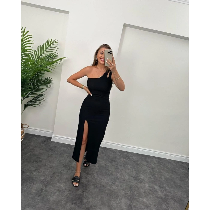 Kadın Tek Omuz Damla Detay Ottoman Kumaş Elbise