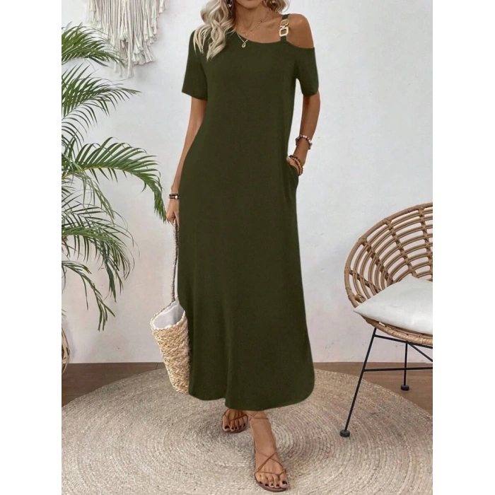 Kadın Tek Omuzdan Açık Toka Detaylı Yandan Yırtmaçlı Maksi Boy Viskon Elbise