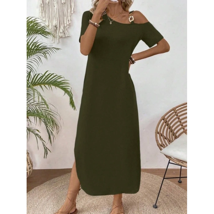 Kadın Tek Omuzdan Açık Toka Detaylı Yandan Yırtmaçlı Maksi Boy Viskon Elbise