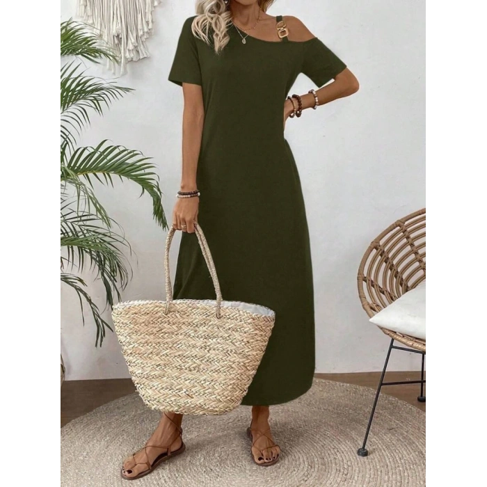 Kadın Tek Omuzdan Açık Toka Detaylı Yandan Yırtmaçlı Maksi Boy Viskon Elbise