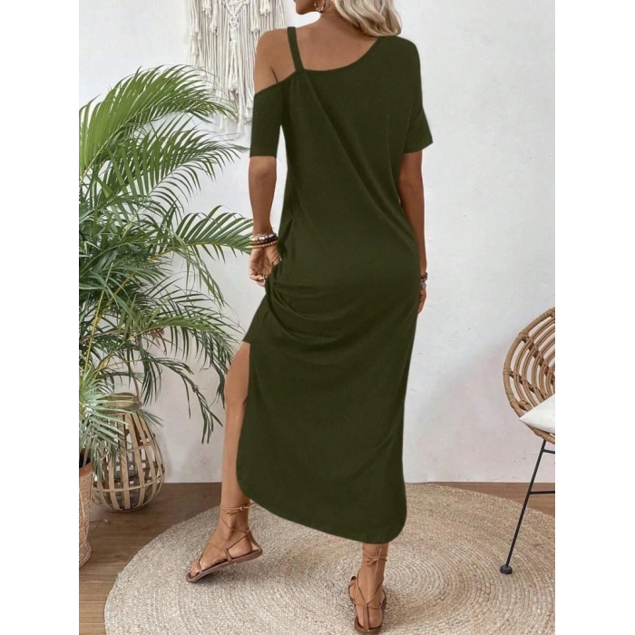 Kadın Tek Omuzdan Açık Toka Detaylı Yandan Yırtmaçlı Maksi Boy Viskon Elbise