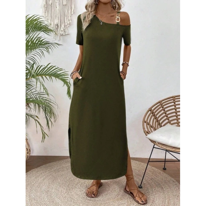 Kadın Tek Omuzdan Açık Toka Detaylı Yandan Yırtmaçlı Maksi Boy Viskon Elbise