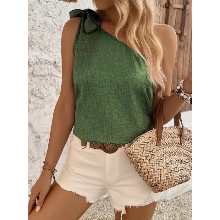 Kadın Tek Omuzdan Askılı Bağcıklı Keten Bluz