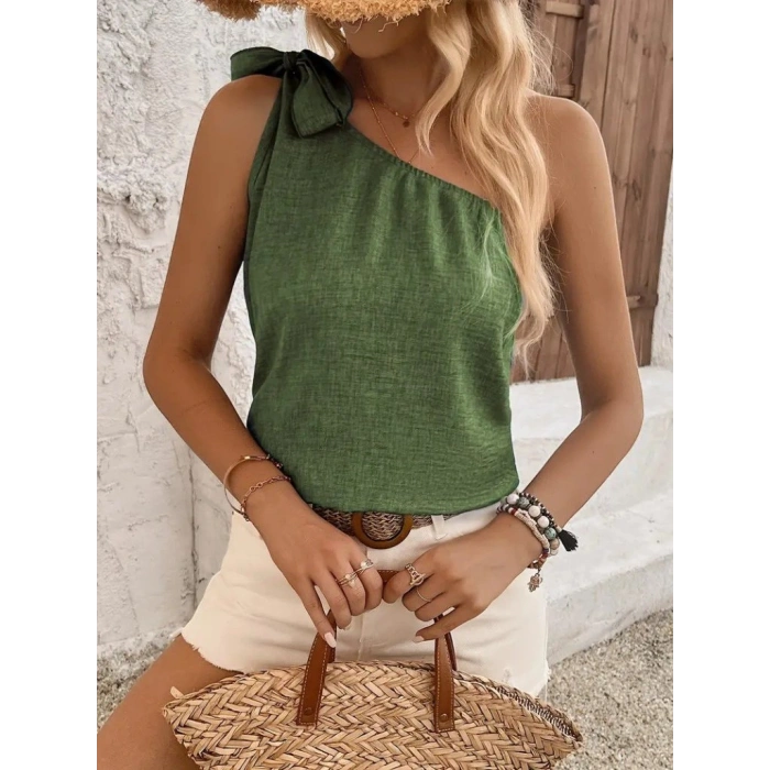 Kadın Tek Omuzdan Askılı Bağcıklı Keten Bluz