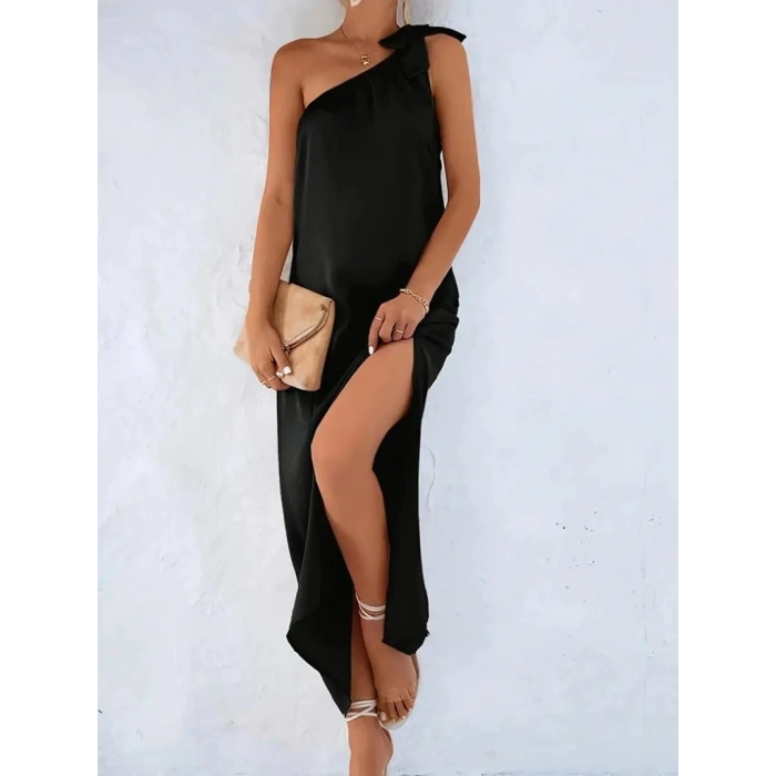 Kadın Tek Omuzdan Askılı Kurdela Detaylı Yırtmaçlı Uzun Janjan Krep Elbise