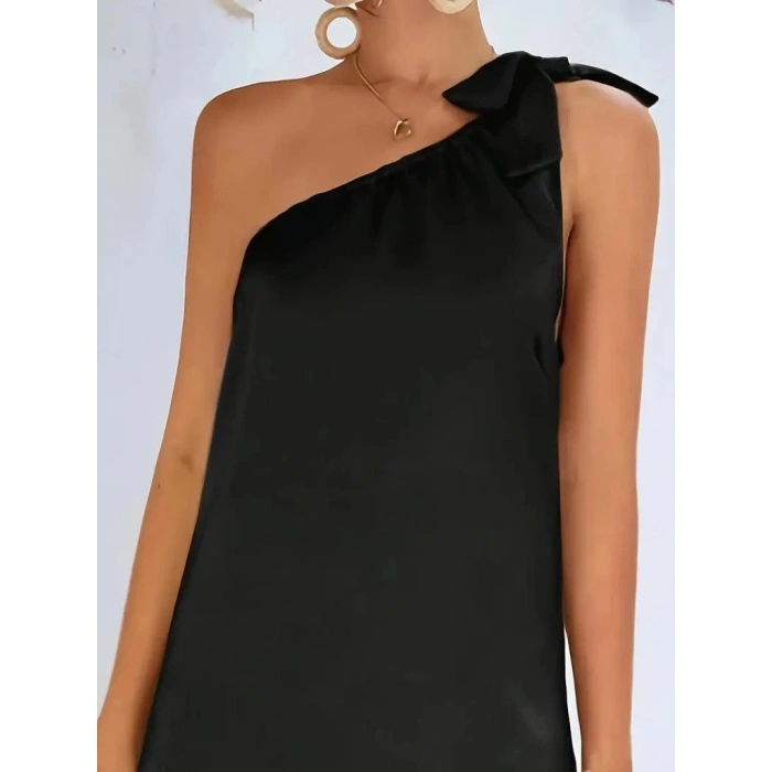 Kadın Tek Omuzdan Askılı Kurdela Detaylı Yırtmaçlı Uzun Janjan Krep Elbise